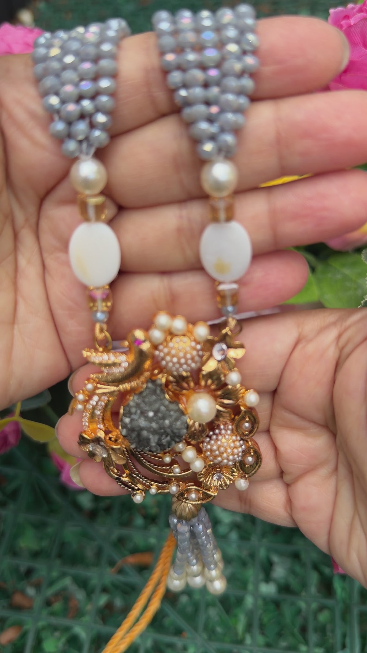 Lalezar Grey & Gold Turkish Tassel Necklace Set