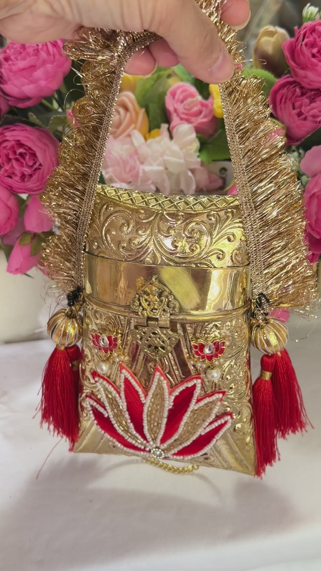 Shefali Red Lotus Brass Clutch Handbag