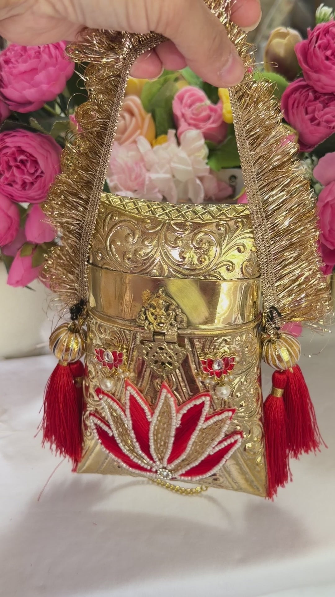Shefali Red Lotus Brass Clutch Handbag